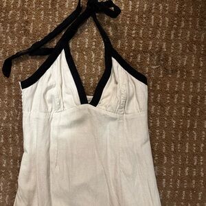 Maxi Linen Ivory Halter Dress with Black Trim